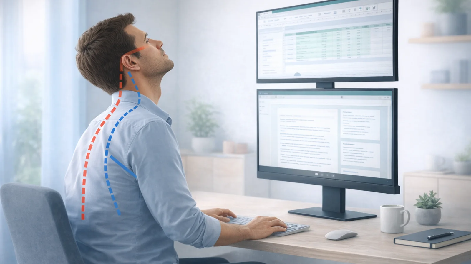 Stacked Monitor Neck Pain: How to Use a Top Monitor Without Regretting It | Posture Reminder AI blog