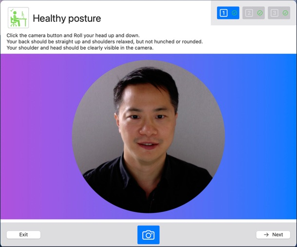 PostureNet calibration screen with a camera preview and posture capture controls