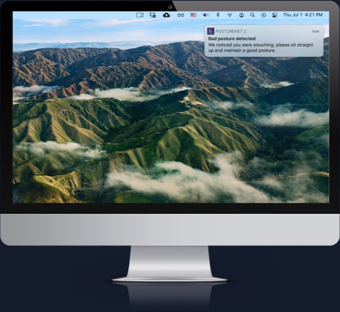 Mac desktop displaying a PostureNet notification that bad posture was detected