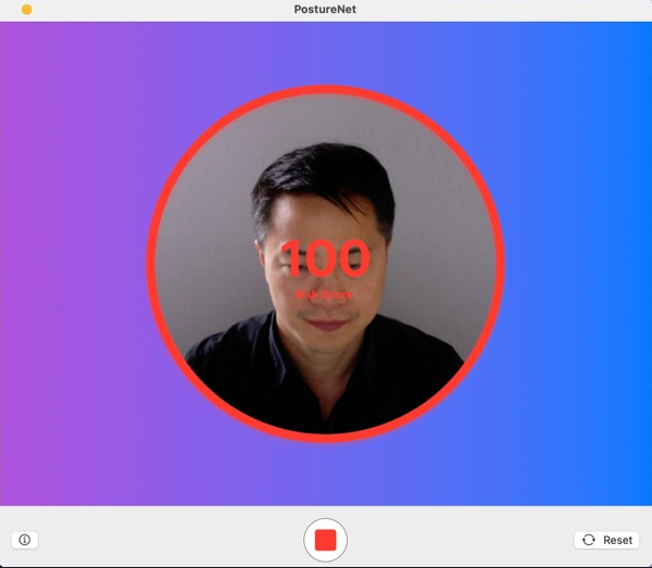 PostureNet monitoring window showing a slouch with a red ring and a risk score of 100