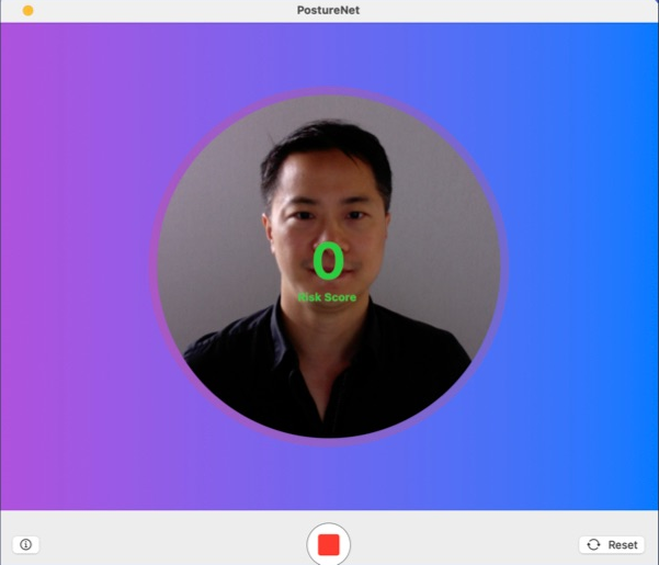 PostureNet monitoring window showing upright posture with a green risk score of zero